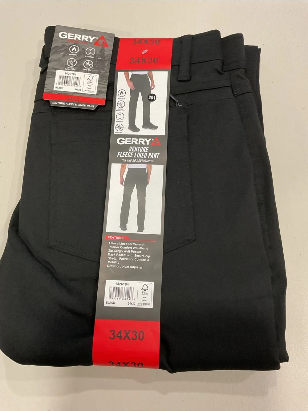 Gerry Mens Venture Fleece Lined Pants Black Water Resistant Stretch 34x30